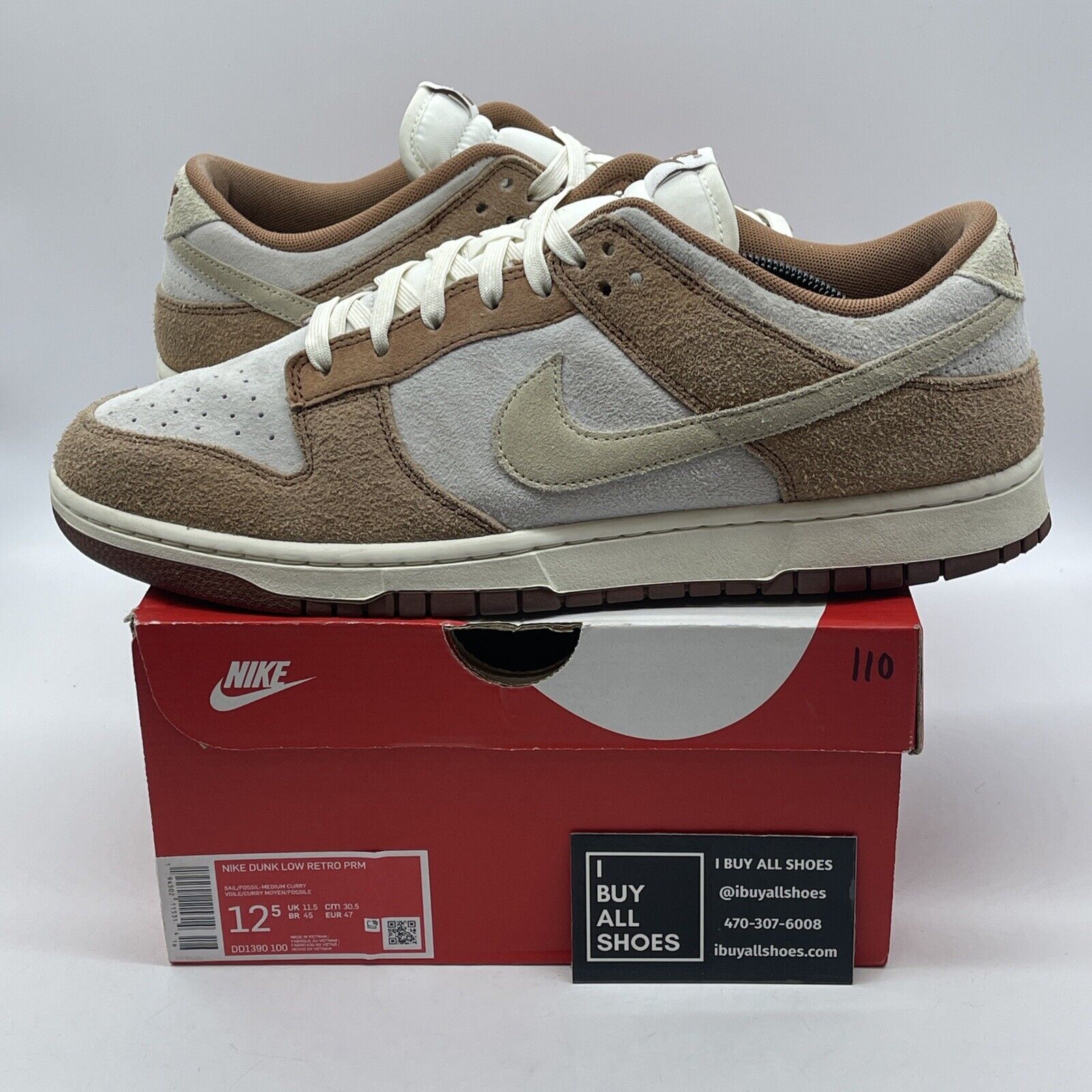 Size 12.5 - Nike Dunk Low Premium Medium Curry White Brown Suede (DD1390-100)
