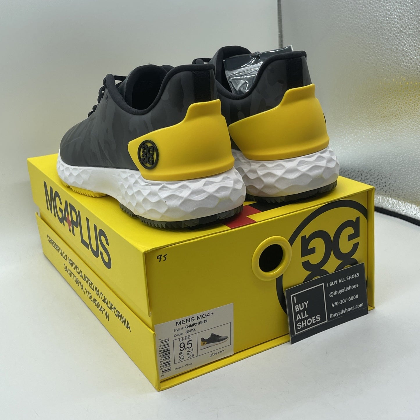 Size 9.5 - G/FORE G4 MG4+ Onyx Camo Golf Shoes Yellow Black Leather (G4MF21EF29)