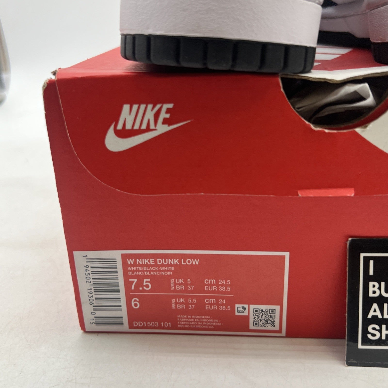 Size 7.5 - Nike Dunk Low Black White W (DD1503-101)