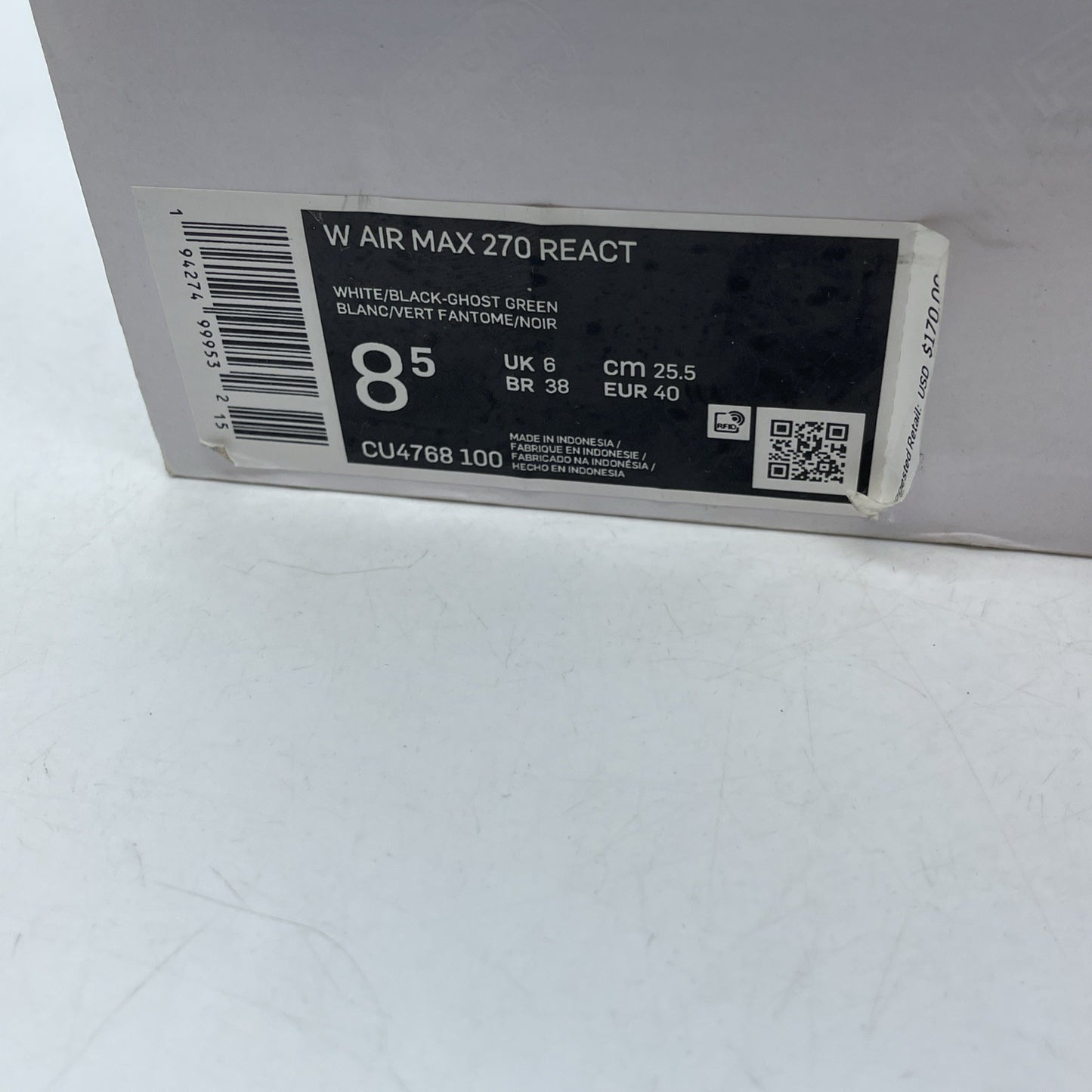 Size 8.5W - Nike Air Max 270 React White Ghost Green Suede Leather (CU4768-100)