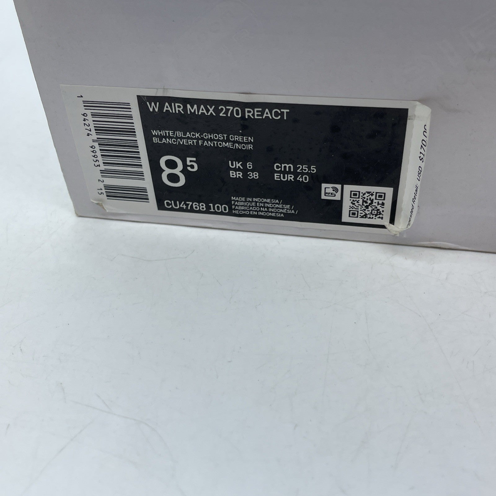 Size 8.5W - Nike Air Max 270 React White Ghost Green Suede Leather (CU4768-100)