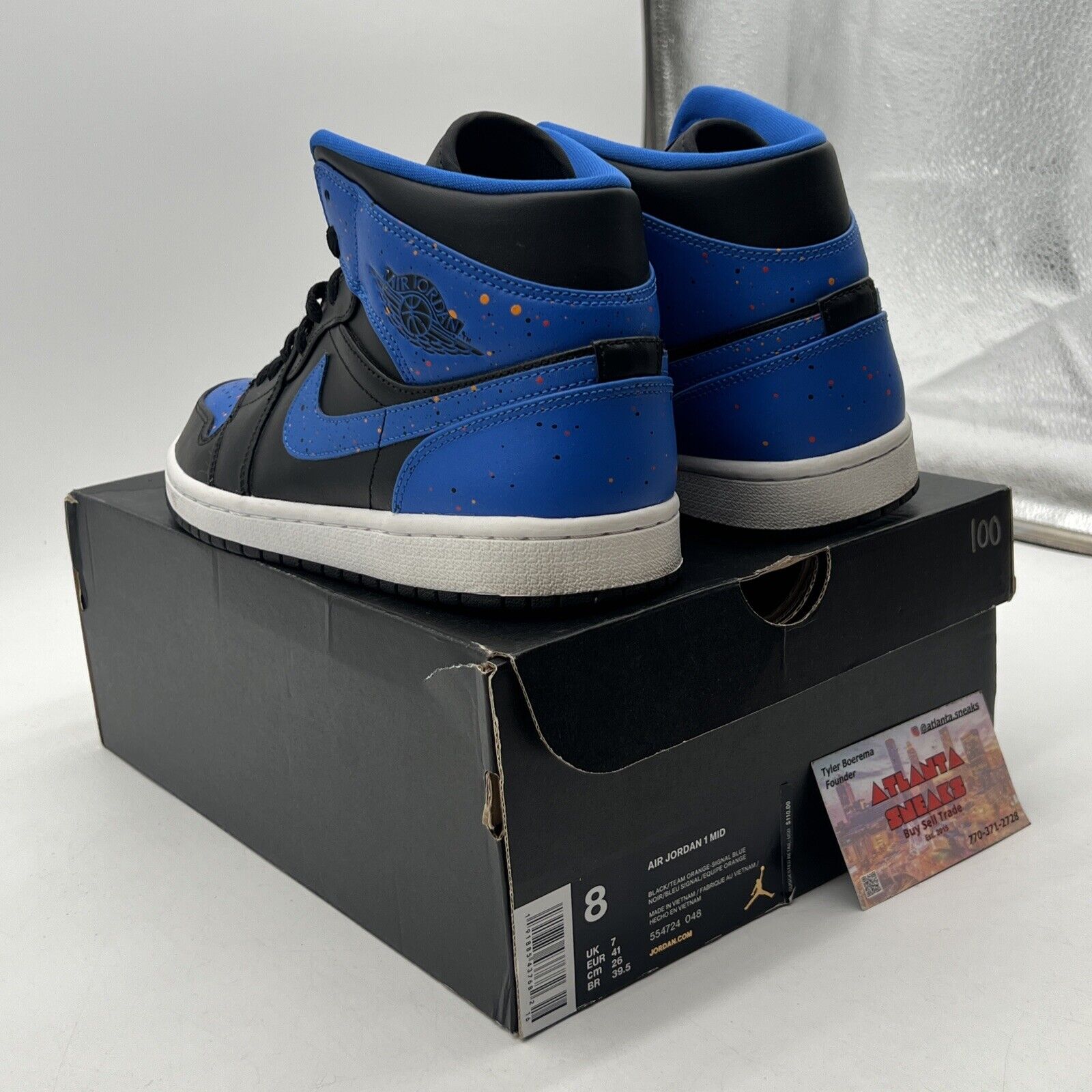 Size 8 - Air Jordan 1 Mid Royal Splatter Black Blue Leather White (554724-048)