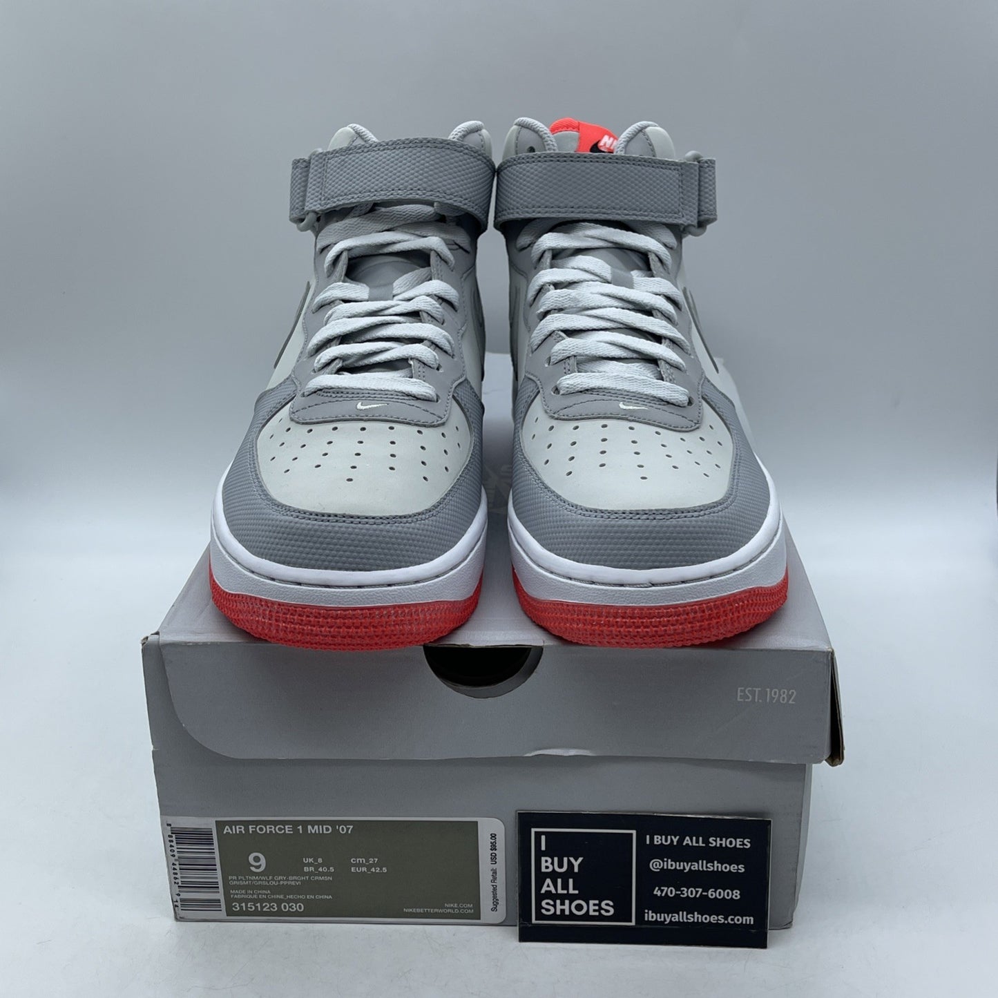 Size 9 - Nike Air Force 1 '07 Mid Pure Platinum Crimson (315123-030)