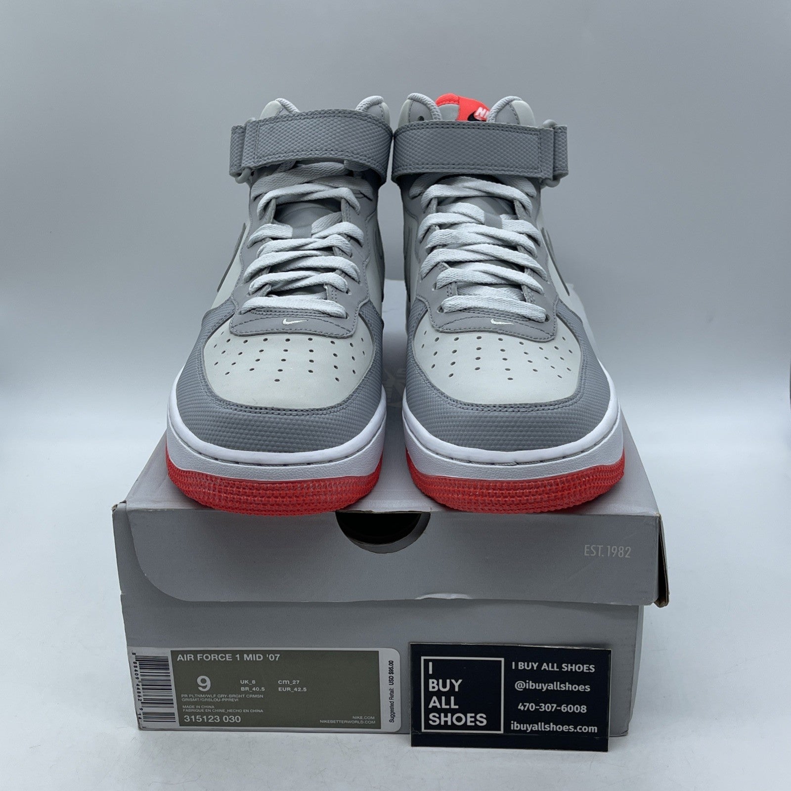 Size 9 - Nike Air Force 1 '07 Mid Pure Platinum Crimson (315123-030)