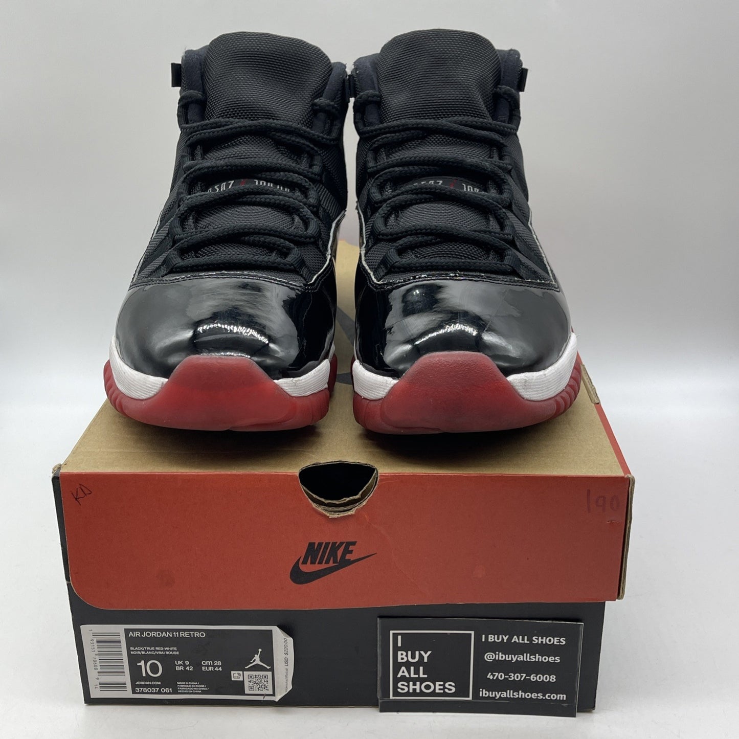 Size 10 - Jordan 11 Retro High Bred Black Red White Suede Leather (378037-061)