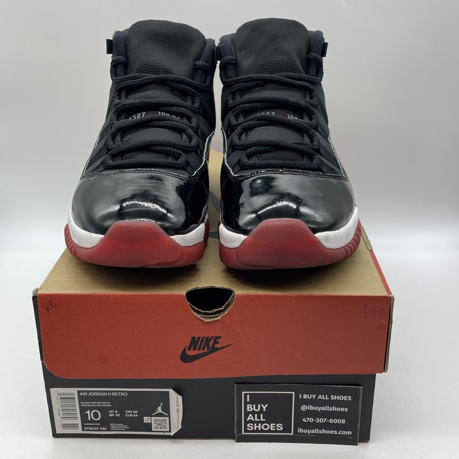 Size 10 - Jordan 11 Retro High Bred Black Red White Suede Leather (378037-061)