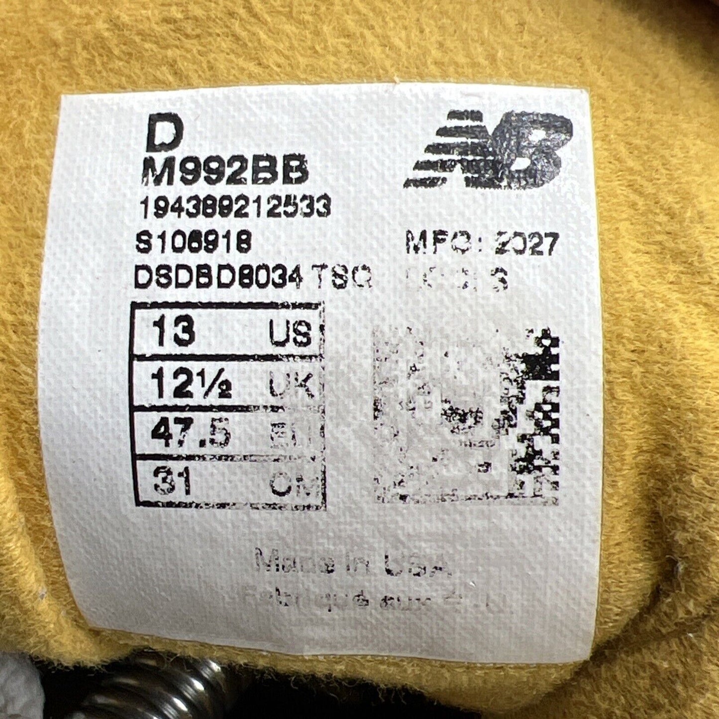 Size 13 - New Balance 992 Made in USA Gold Cream (M992BB)