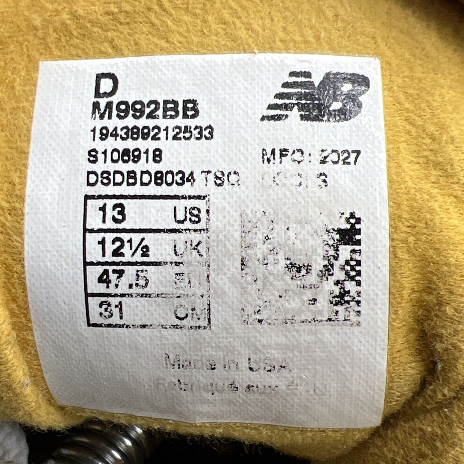 Size 13 - New Balance 992 Made in USA Gold Cream (M992BB)