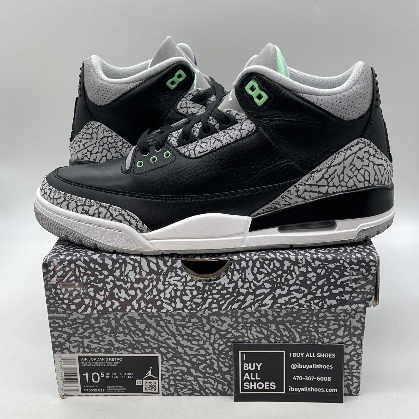 Size 10.5 - Air Jordan 3 Retro Green Glow Black Suede Leather (CT8532-031)