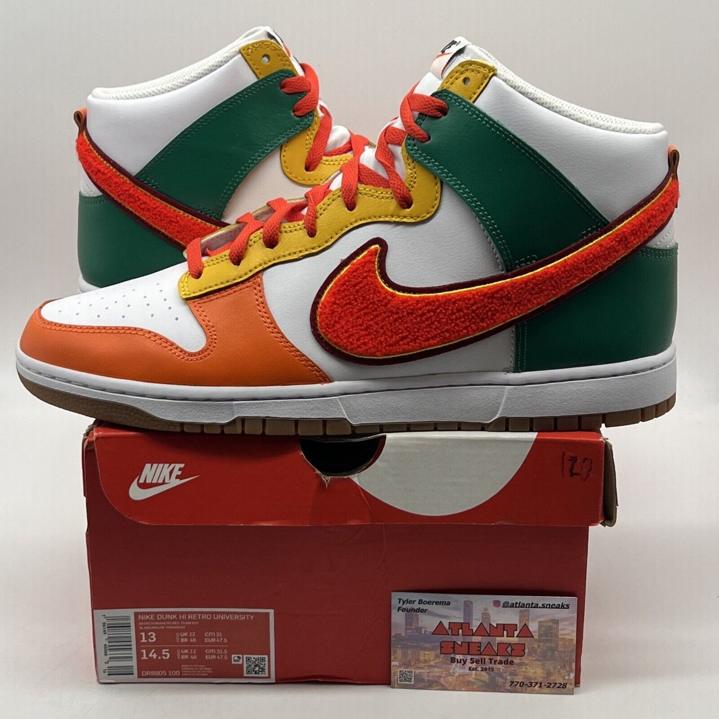 Size 13 - Nike Dunk High Chenille Swoosh White Green Orange Yellow Leather Gum