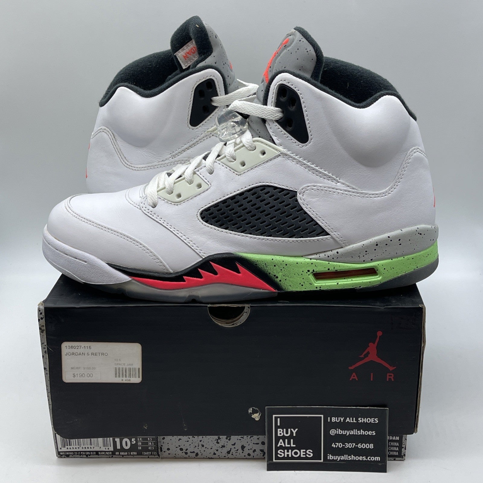 Size 10.5 - Air Jordan 5 Retro Pro Stars White Black Green Leather (136027-115)