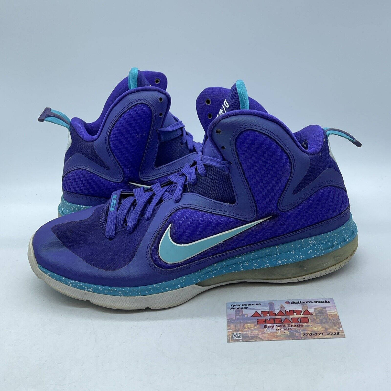 Size 10.5 - Nike LeBron 9 Summit Lake Hornets Purple Suede Leather (469764-500)