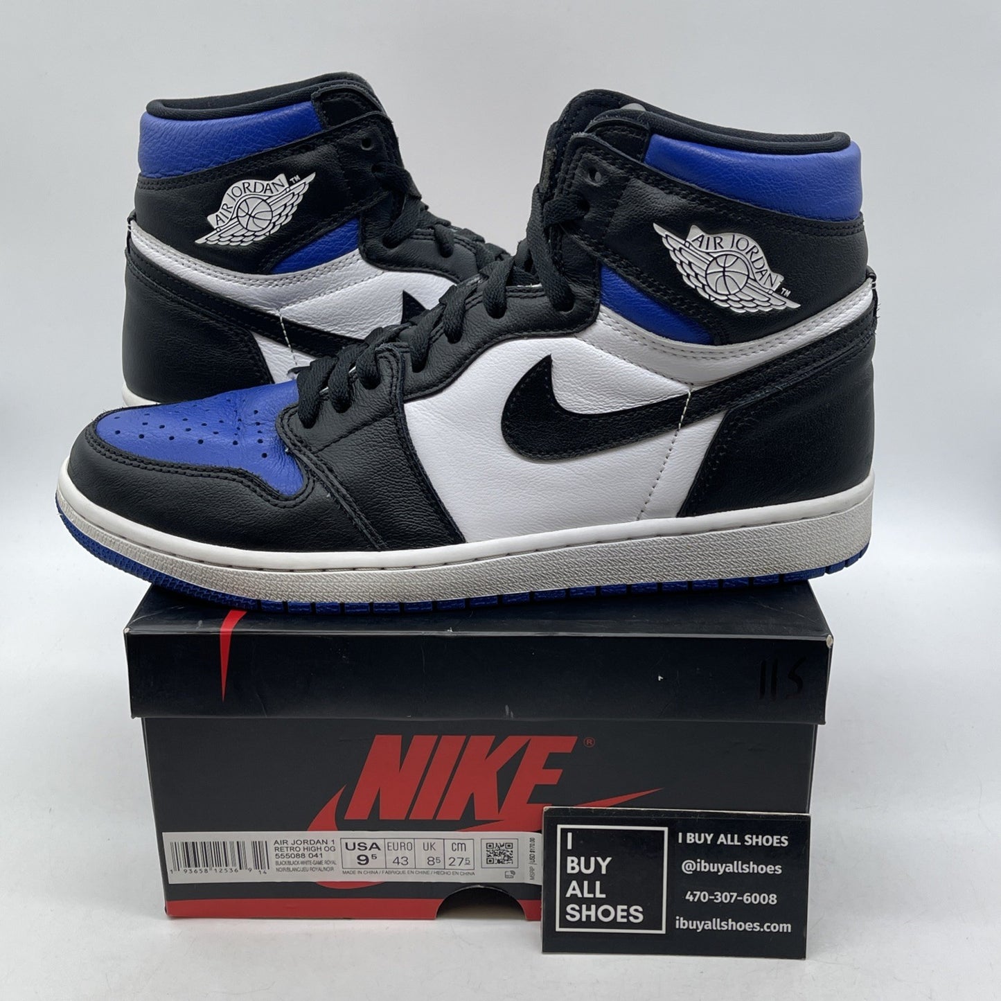 Size 9.5 - Jordan 1 Retro OG High Royal Toe Black White Leather (555088-041)