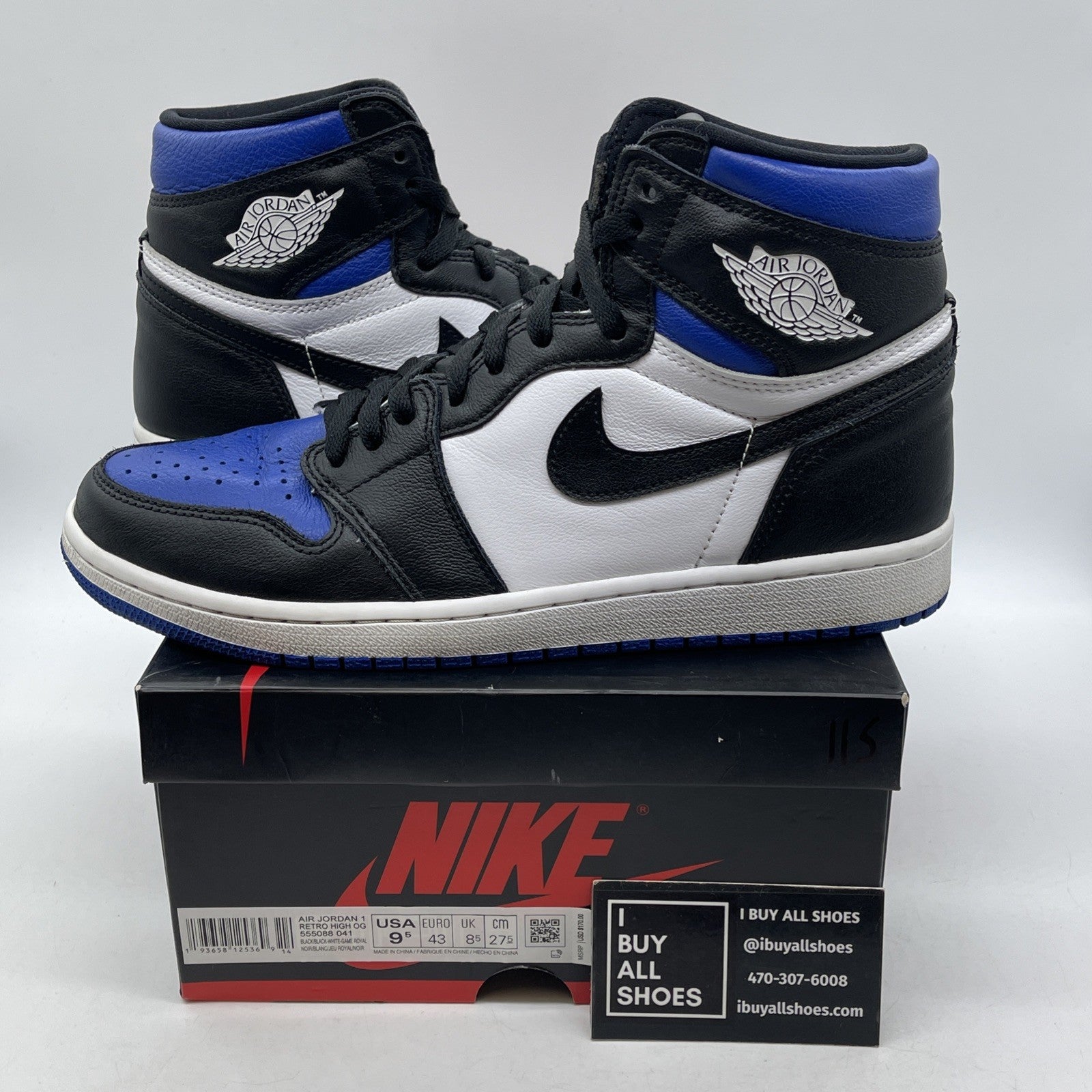 Size 9.5 - Jordan 1 Retro OG High Royal Toe Black White Leather (555088-041)