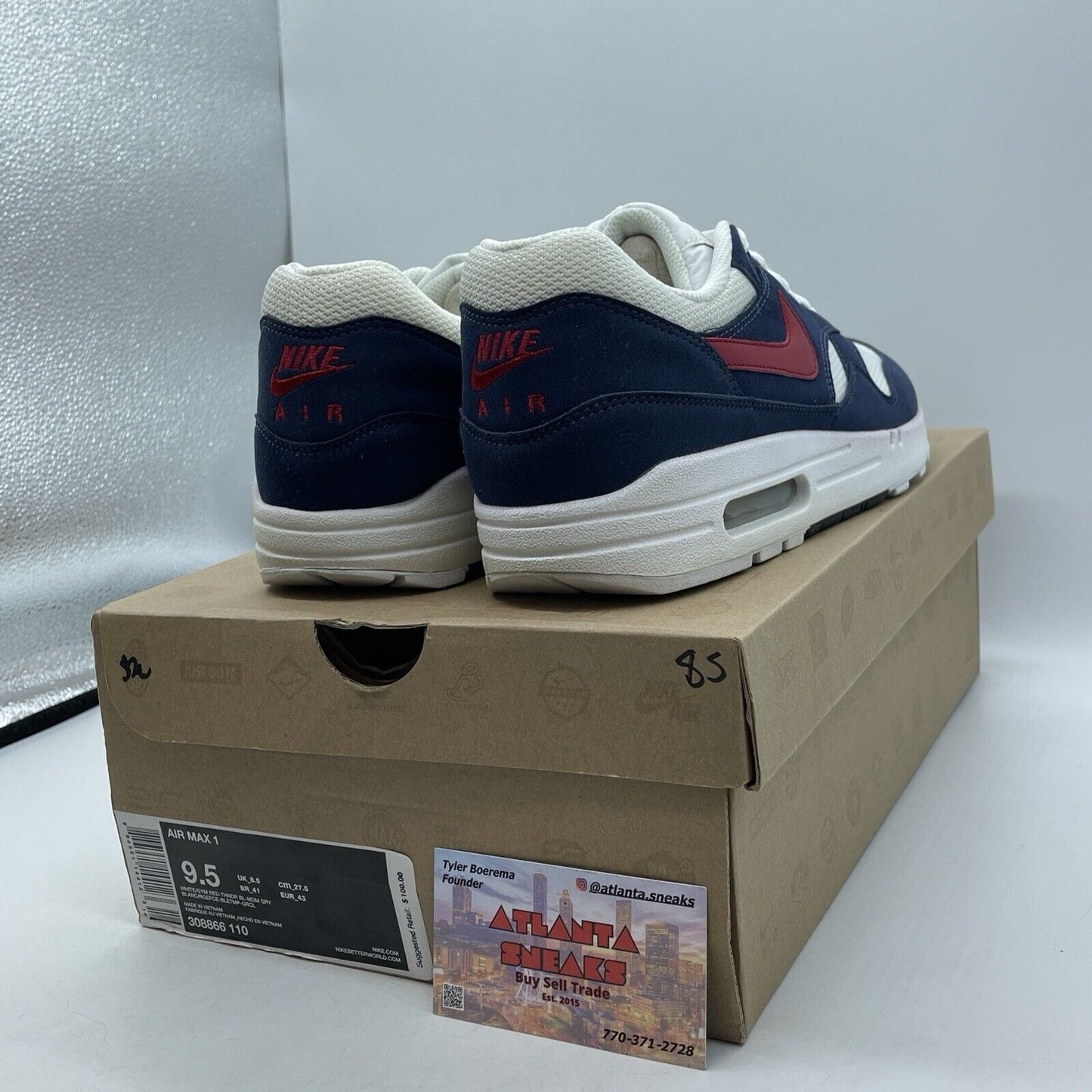 Size 9.5 - Nike Air Max 1 Olympic Blue Red White Suede Leather (308866-110)