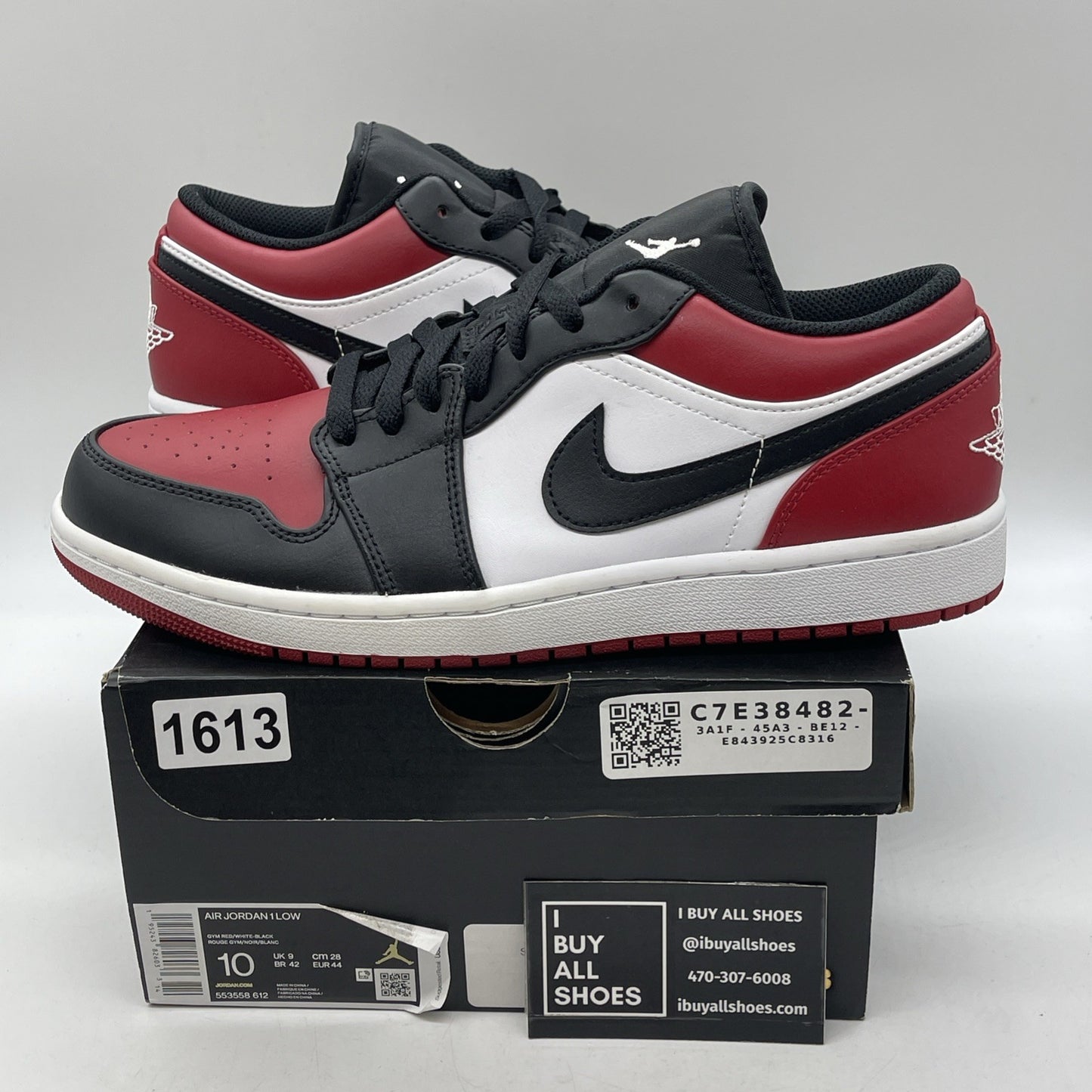 Size 10 - Air Jordan 1 Low Bred Toe Red White Black Leather (553558-612)