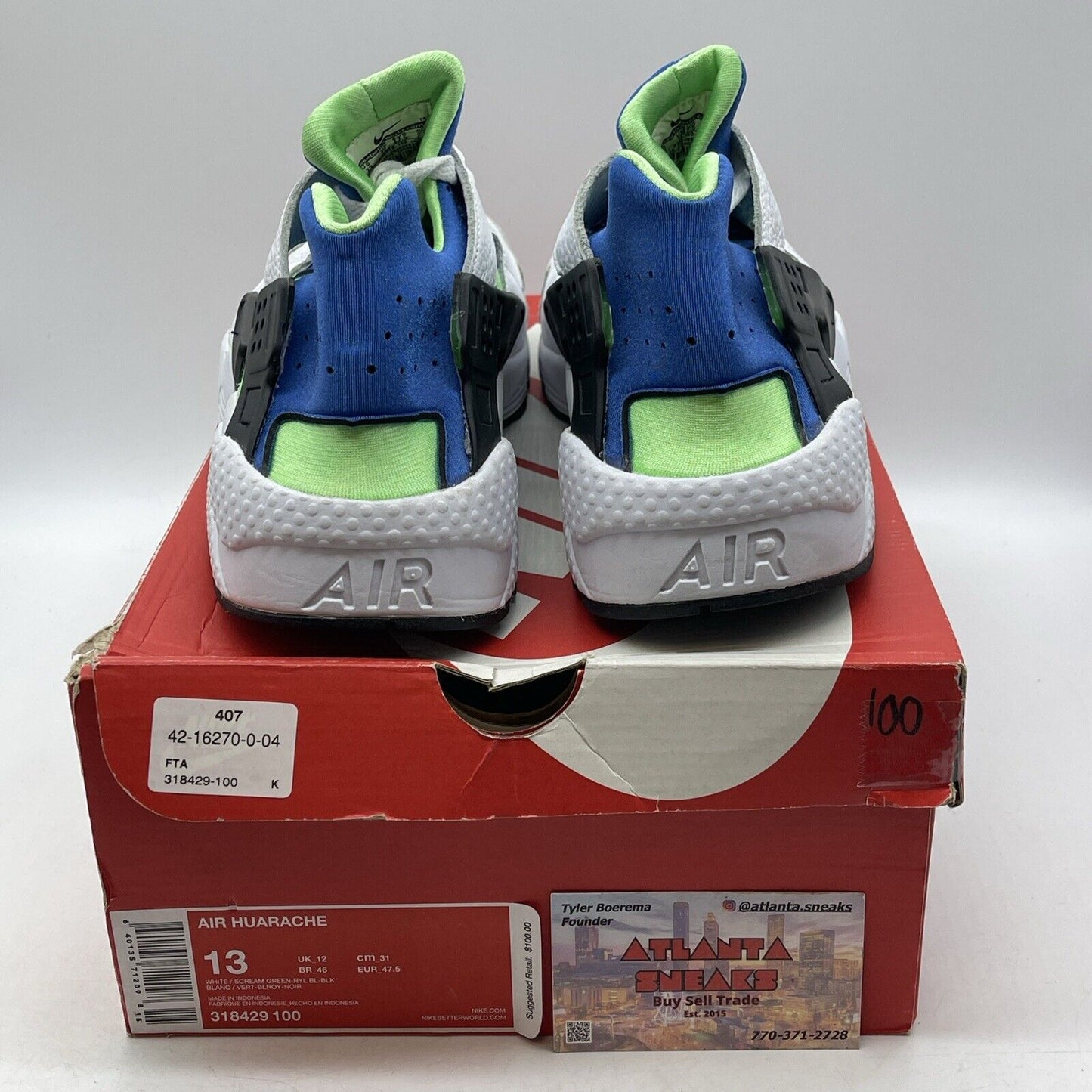 Size 13 - Nike Air Huarache Scream Green Blue White Black (318429-100)