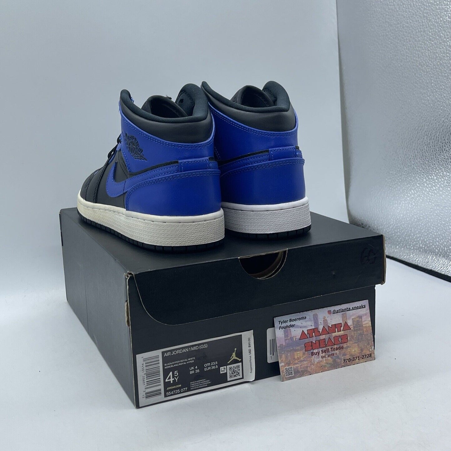 Size 4.5Y  (GS) - Jordan 1 Mid Hyper Royal Blue Black White Leather (554725-077)