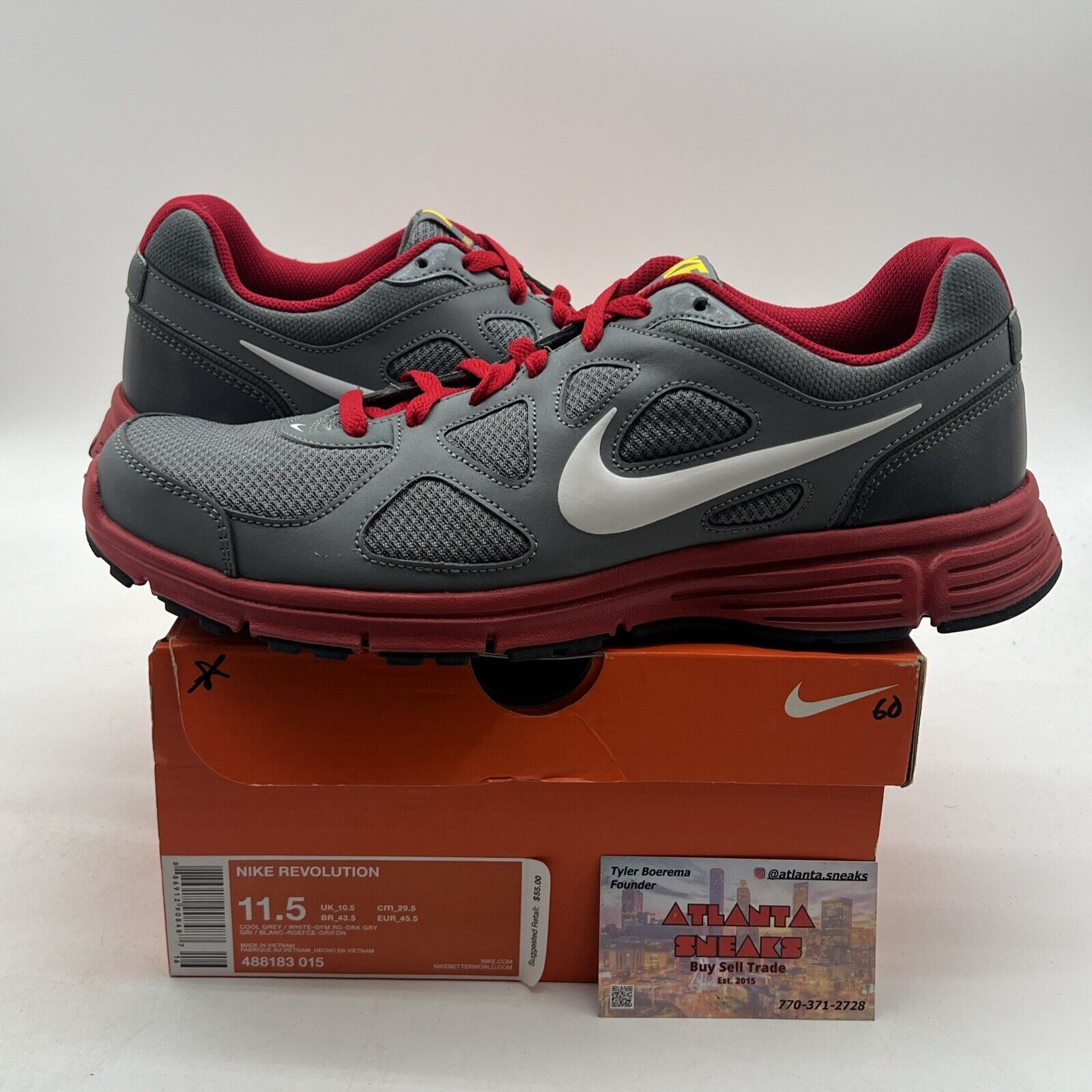 Size 11.5 - Nike Revolution 2 Running Shoes (488183-015) Gray And Red Men's