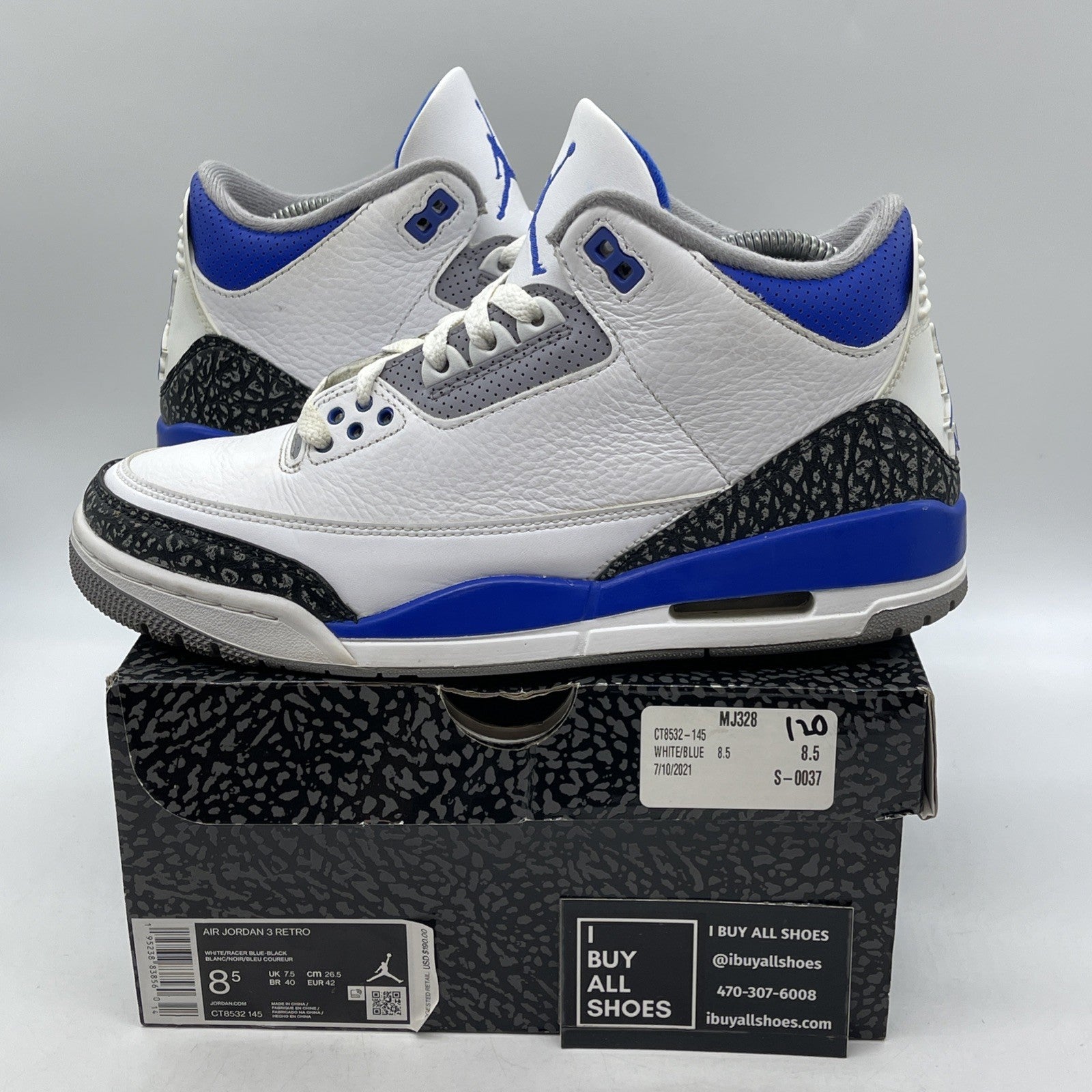 Size 8.5 - Jordan 3 Retro Mid Racer Blue White Black Suede Leather (CT8532-145)
