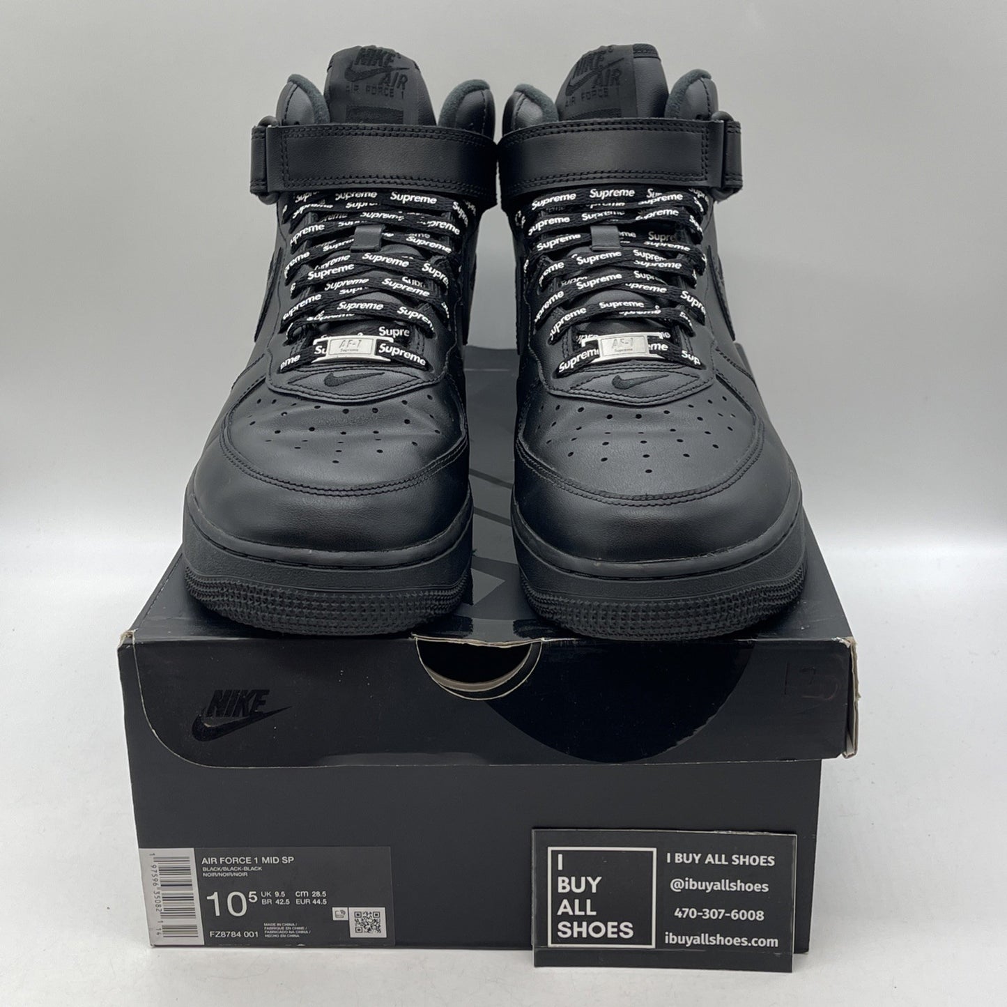 Size 10.5 - Nike Supreme x Air Force 1 Mid Box Logo Triple Black (FZ8784-001)