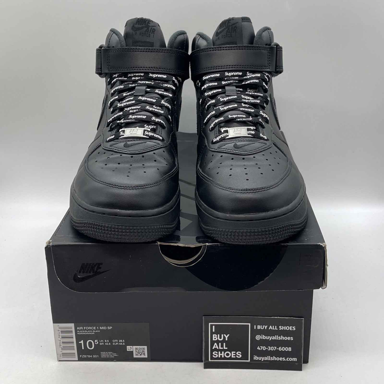 Size 10.5 - Nike Supreme x Air Force 1 Mid Box Logo Triple Black (FZ8784-001)