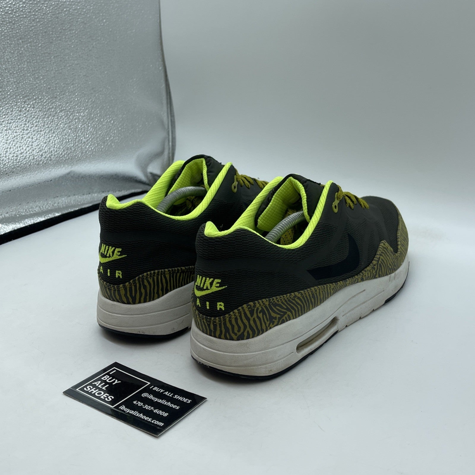 Size 13 - Nike Air Max 1 Premium Tape Yellow Zebra Grey Green (599514-007)