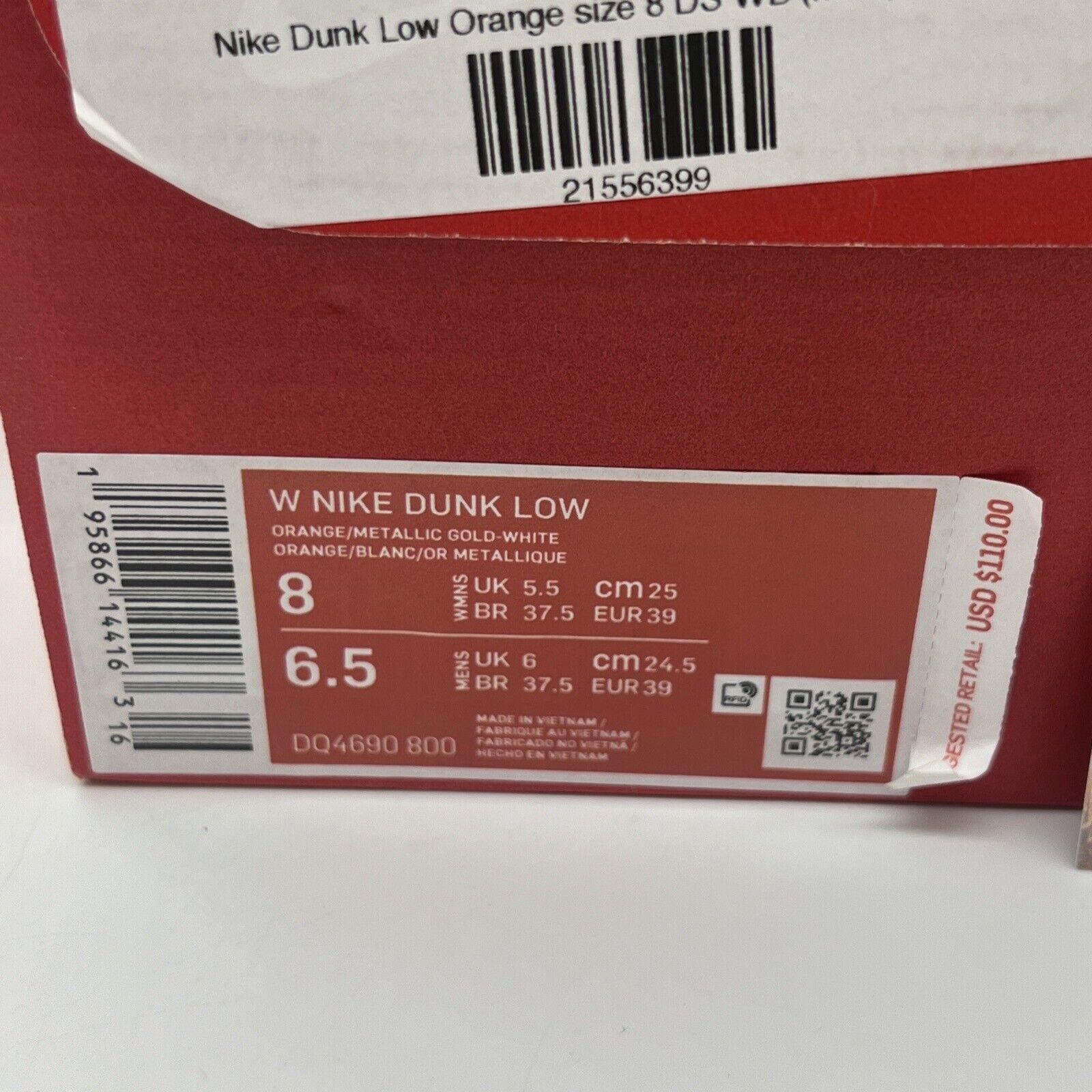 Size 8 - Nike Dunk Low White  2021 - DQ4690-800 White Orange Gold Brand New