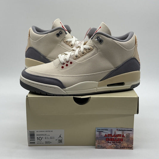 Size 10.5 - Jordan 3 Muslin Grey Beige Canvas Suede Red New OG All Light Bone