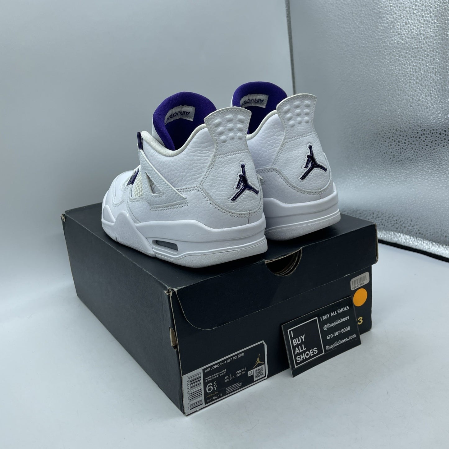 Size 6.5Y (GS) - Jordan 4 Retro Low Purple Metallic White Leather (408452-115)