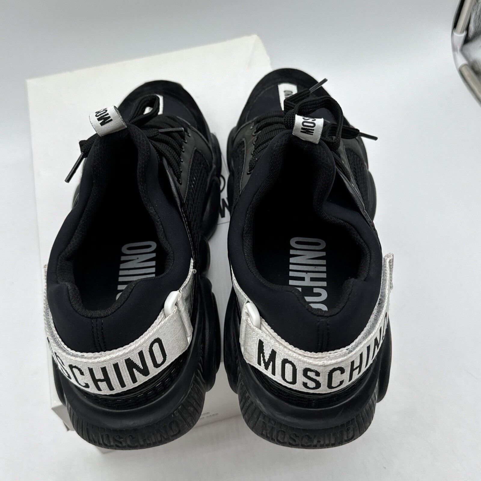 Moschino Teddy Black Sneakers Reflective $595 Retail Black White Silver OG All