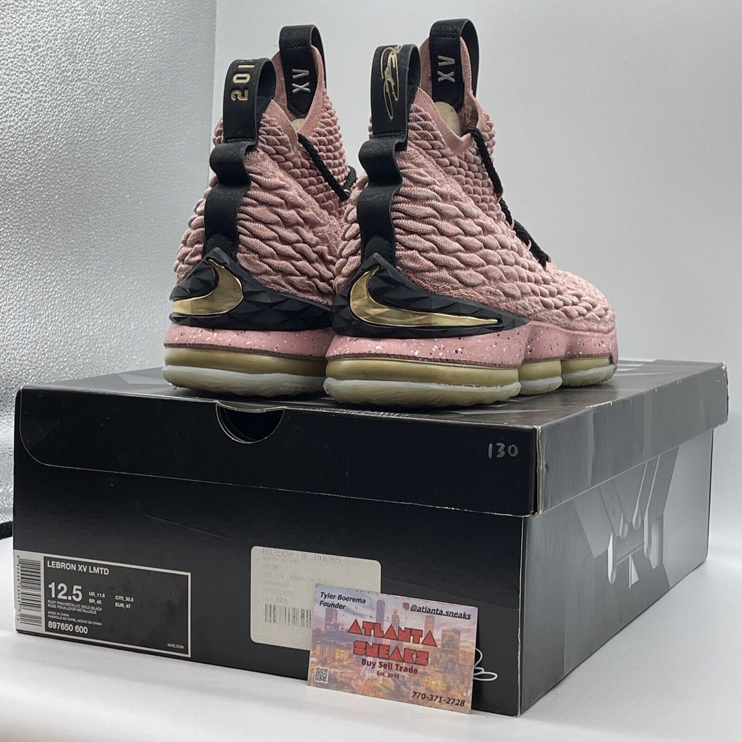 Size 12.5 - Nike LeBron 15 Hollywood Pink Black Suede Gold White (897650-600)