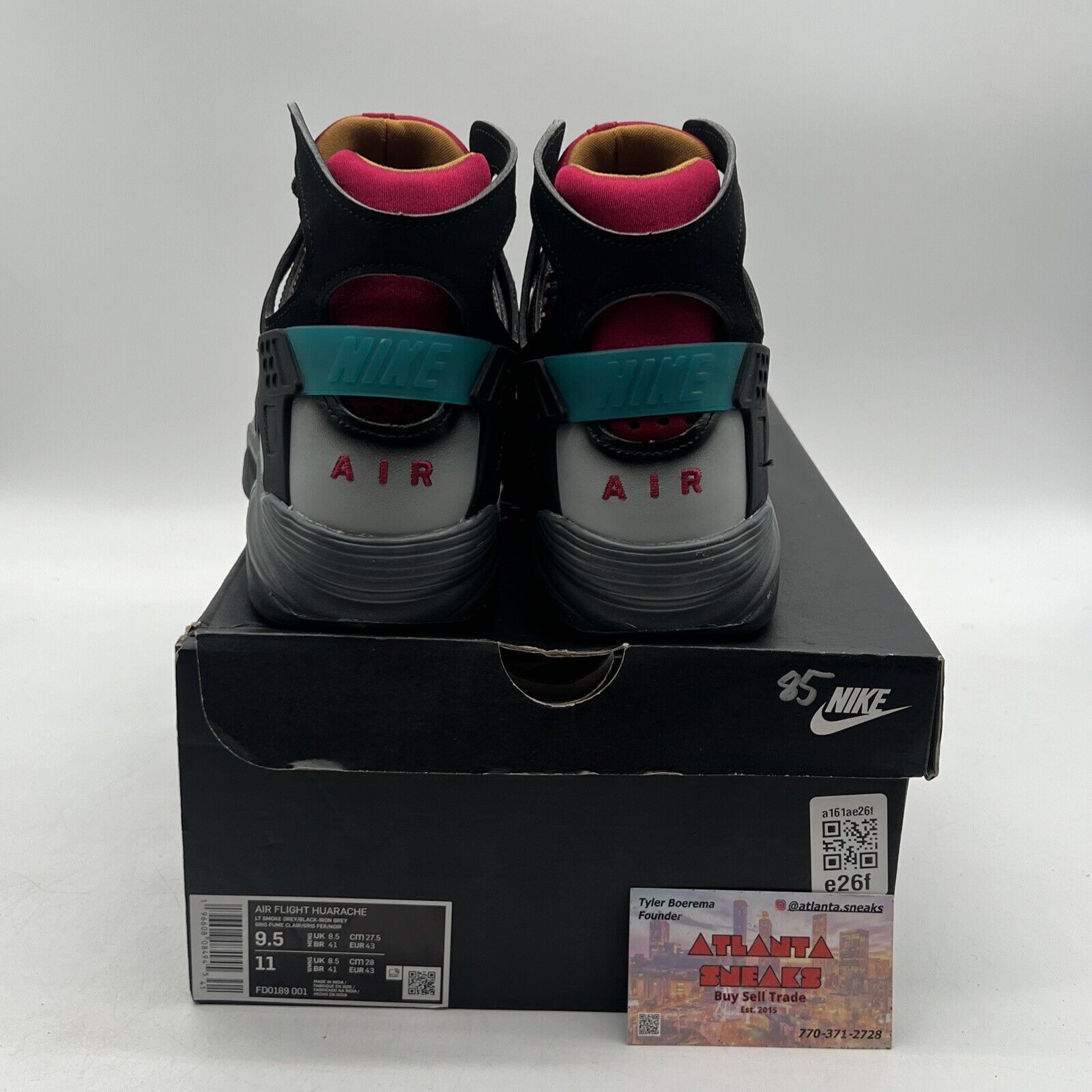 Size 9.5 - Nike Air Flight Huarache Airbrush - Bordeaux Grey Black (FD0189-001)