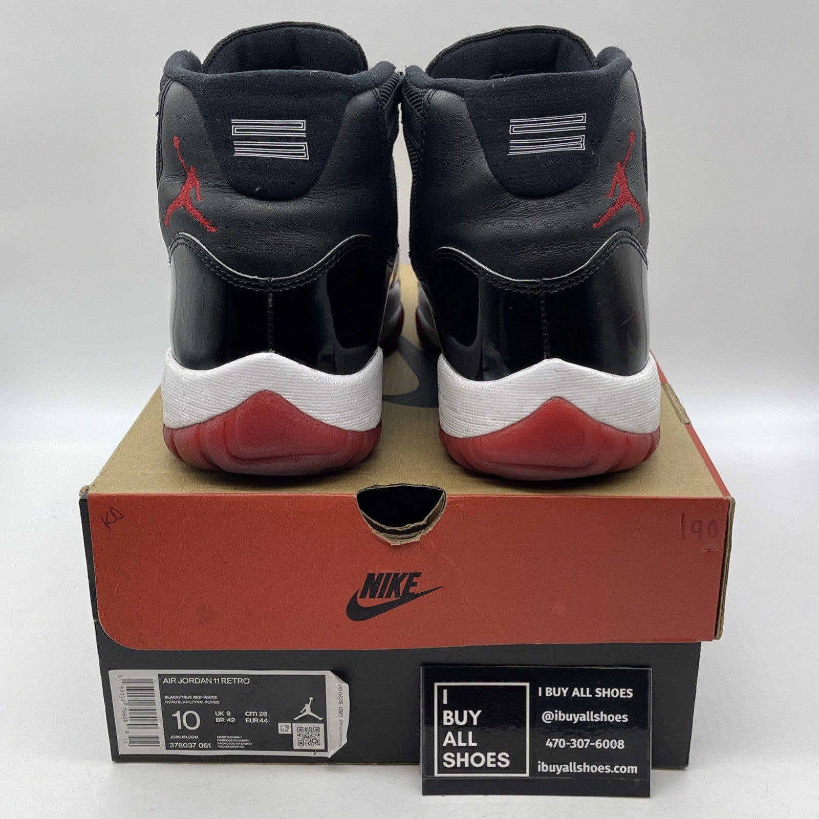 Size 10 - Jordan 11 Retro High Bred Black Red White Suede Leather (378037-061)