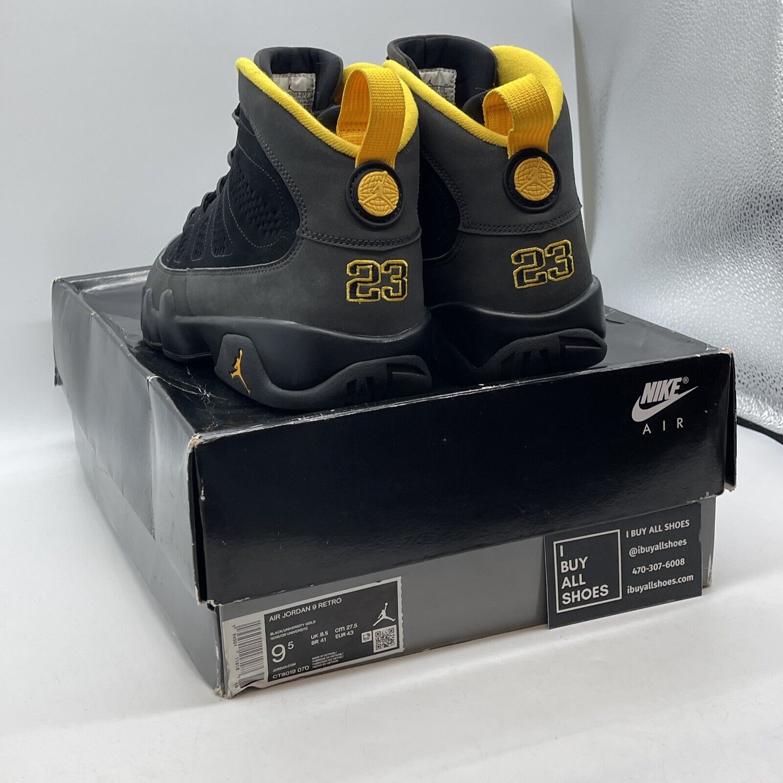 Size 9.5 - Jordan 9 Retro Black Grey Yellow Suede Leather (CT8019-070)