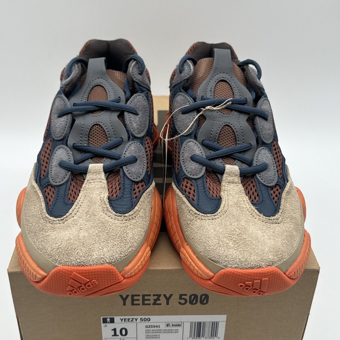 Size 10 - adidas Yeezy 500 Enflame Orange Sole Brown Sides Blue Mesh Navy Leathr