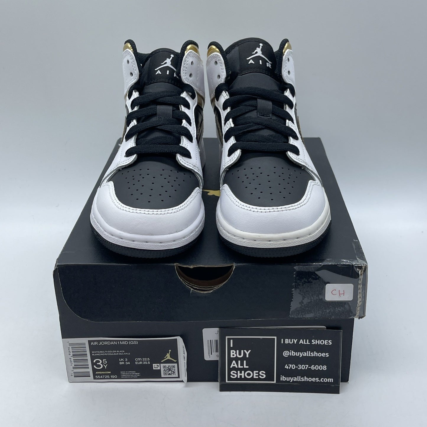 Size 3.5Y - Nike Air Jordan 1 Mid White Gold Black Leather (GS) (554725-190)