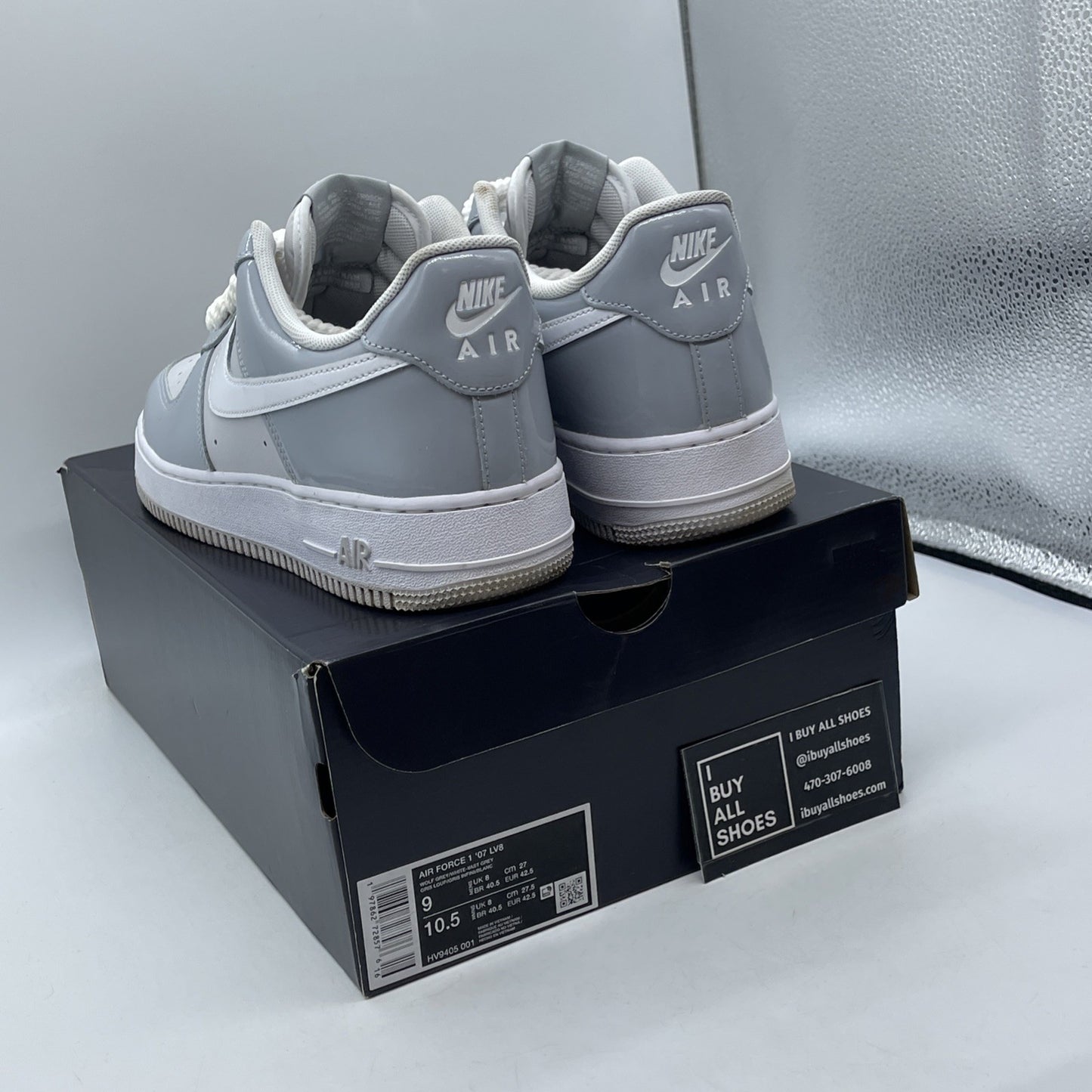 Size 9 - Nike Air Force 1 '07 LV8 Wolf Grey Patent White Leather (HV9405-001)