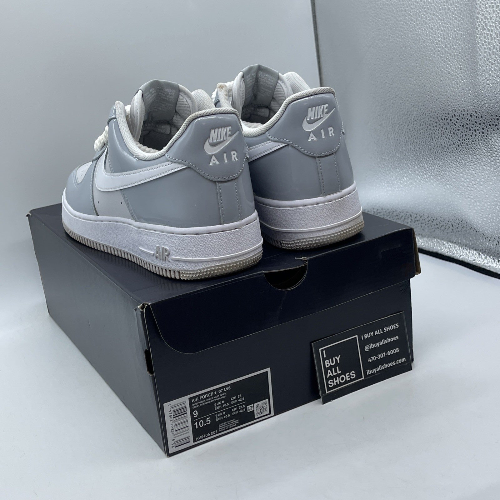 Size 9 - Nike Air Force 1 '07 LV8 Wolf Grey Patent White Leather (HV9405-001)
