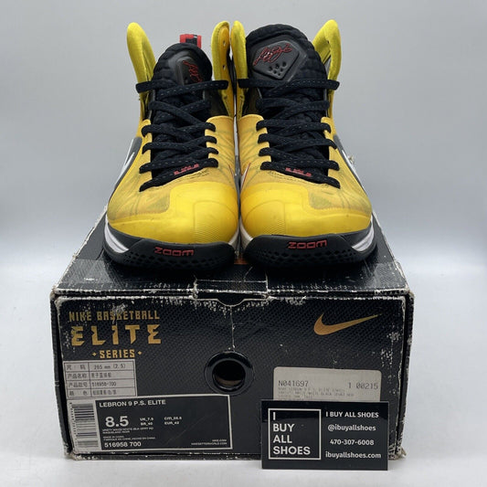 Size 8.5 - Nike LeBron 9 P.S. Elite Taxi Yellow White Red Black (516958-700)