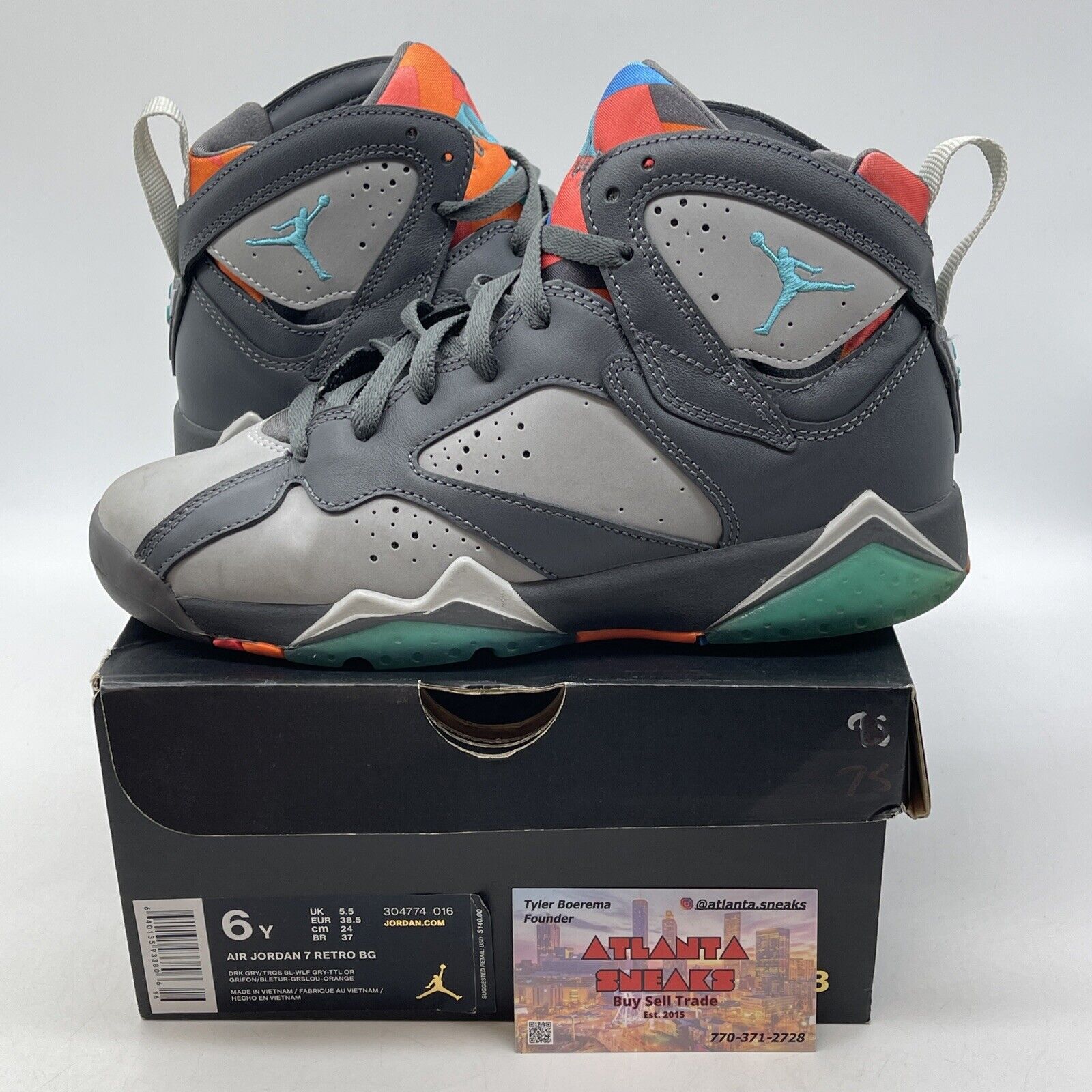 Size 6Y - Jordan 7 Retro High Barcelona Days Grey Blue Orange Suede (304774-016)