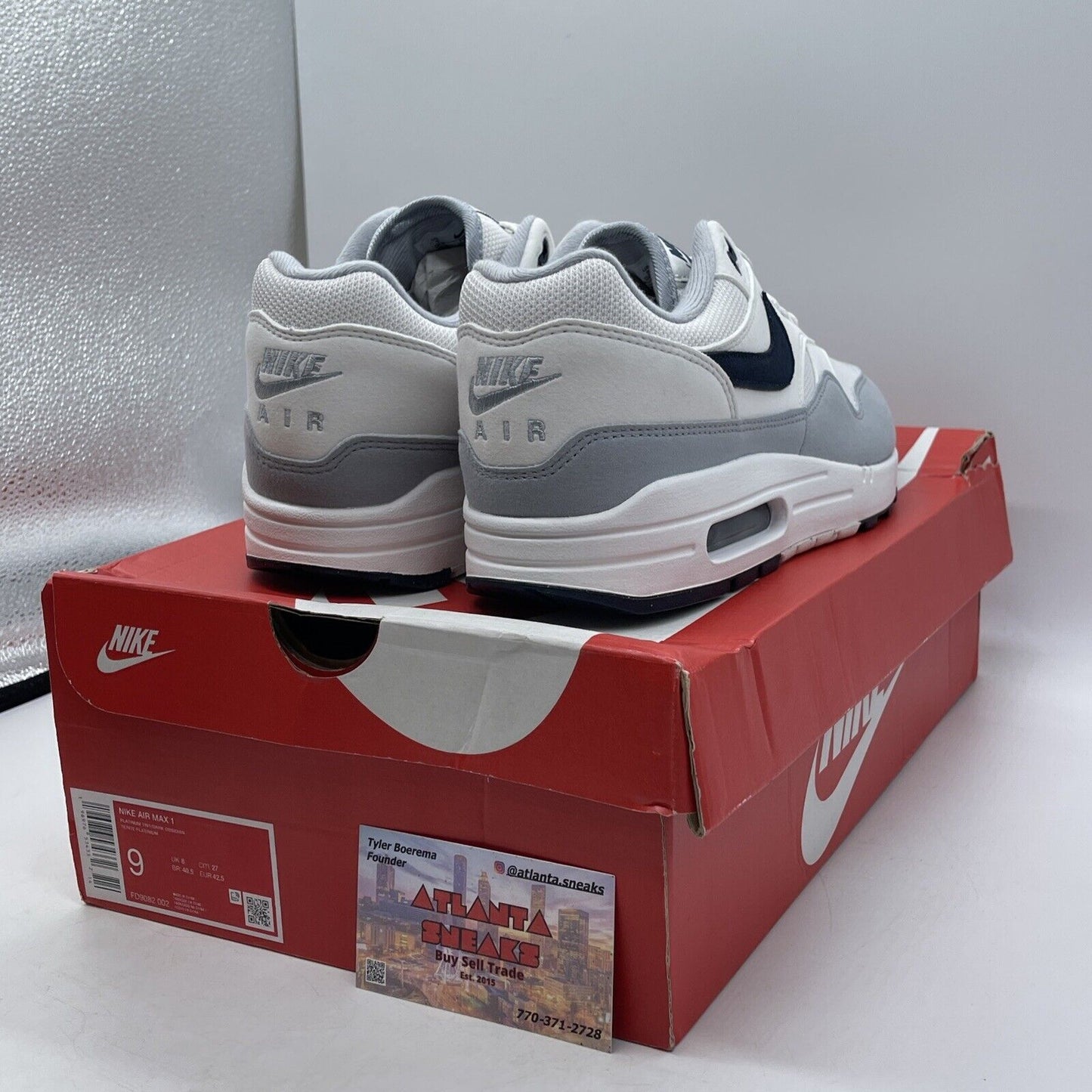 Size 9 - Nike Air Max 1 Pure Platinum Dark Obsidian White Suede (FD9082-002)