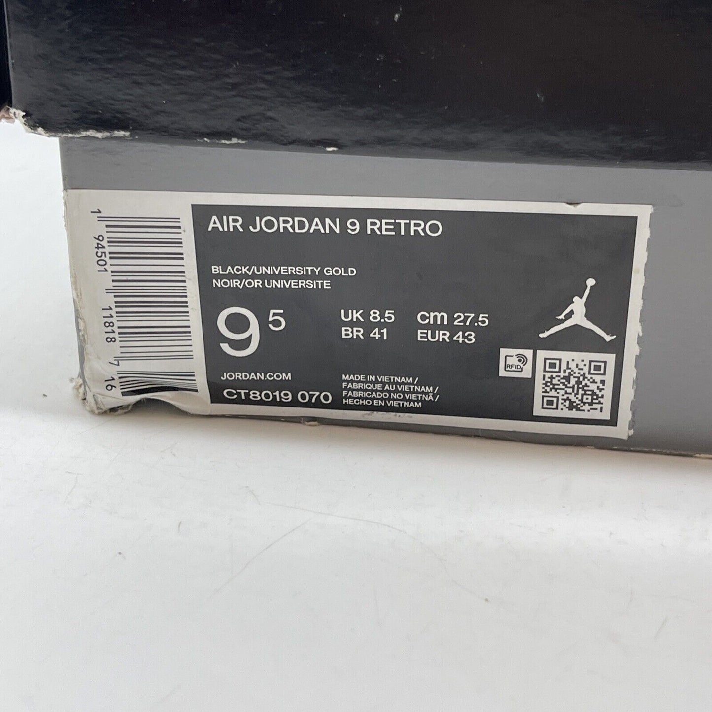 Size 9.5 - Jordan 9 Retro Black Grey Yellow Suede Leather (CT8019-070)