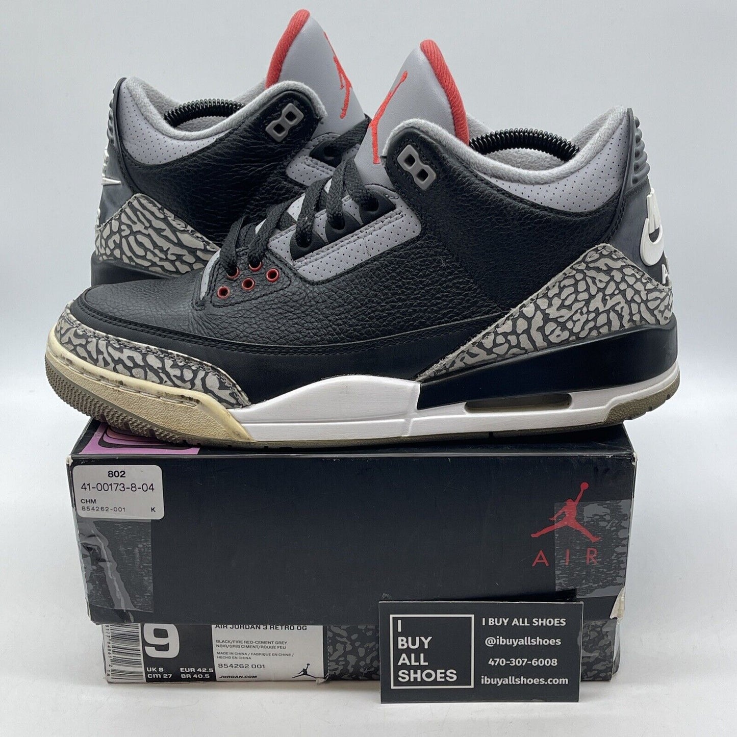 Size 9 - Jordan 3 Retro OG Mid Black Cement Grey Suede Leather (854262-001)
