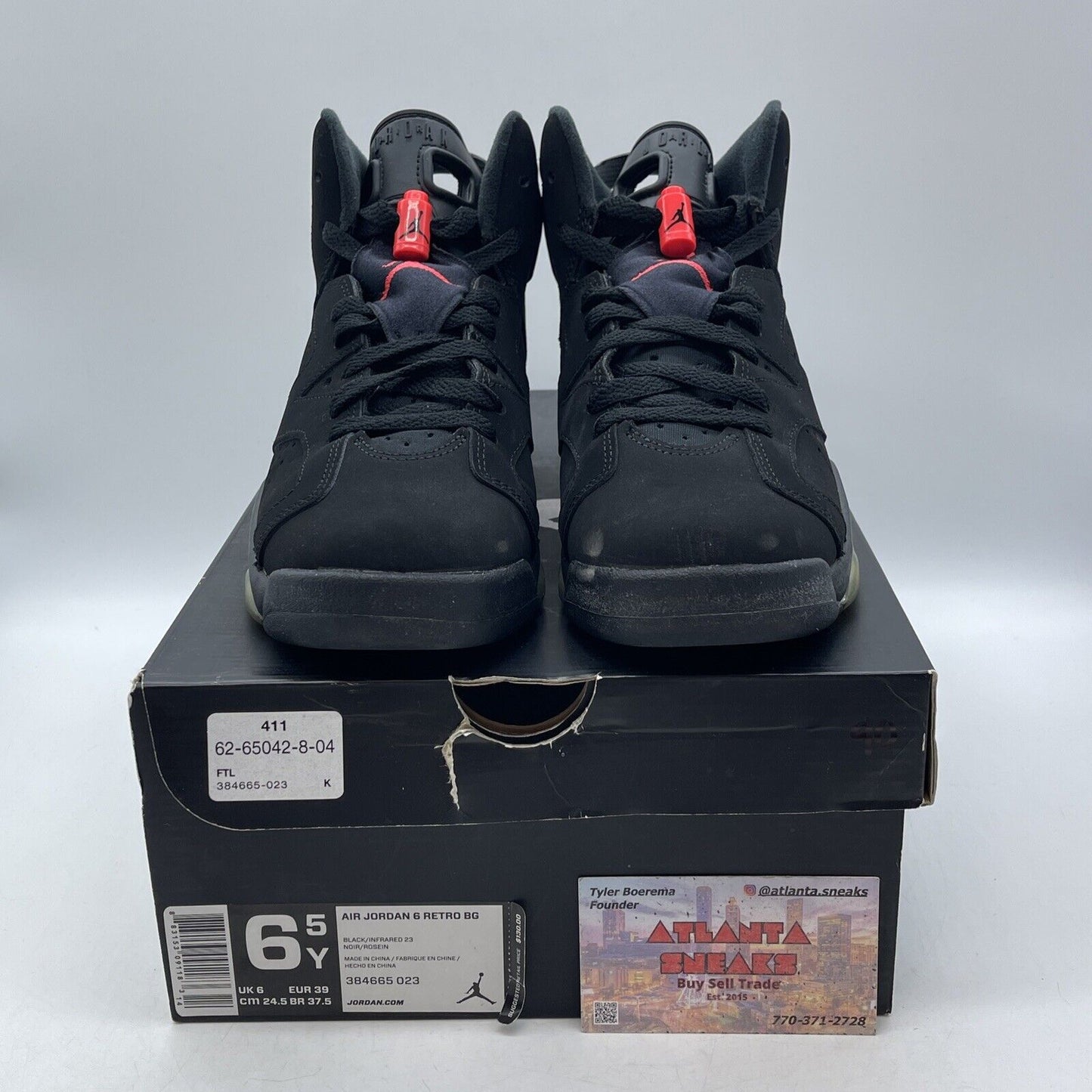 Size 6.5 (GS) - Jordan 6 Retro 2014 Infrared Black Suede Leather (384665-023)