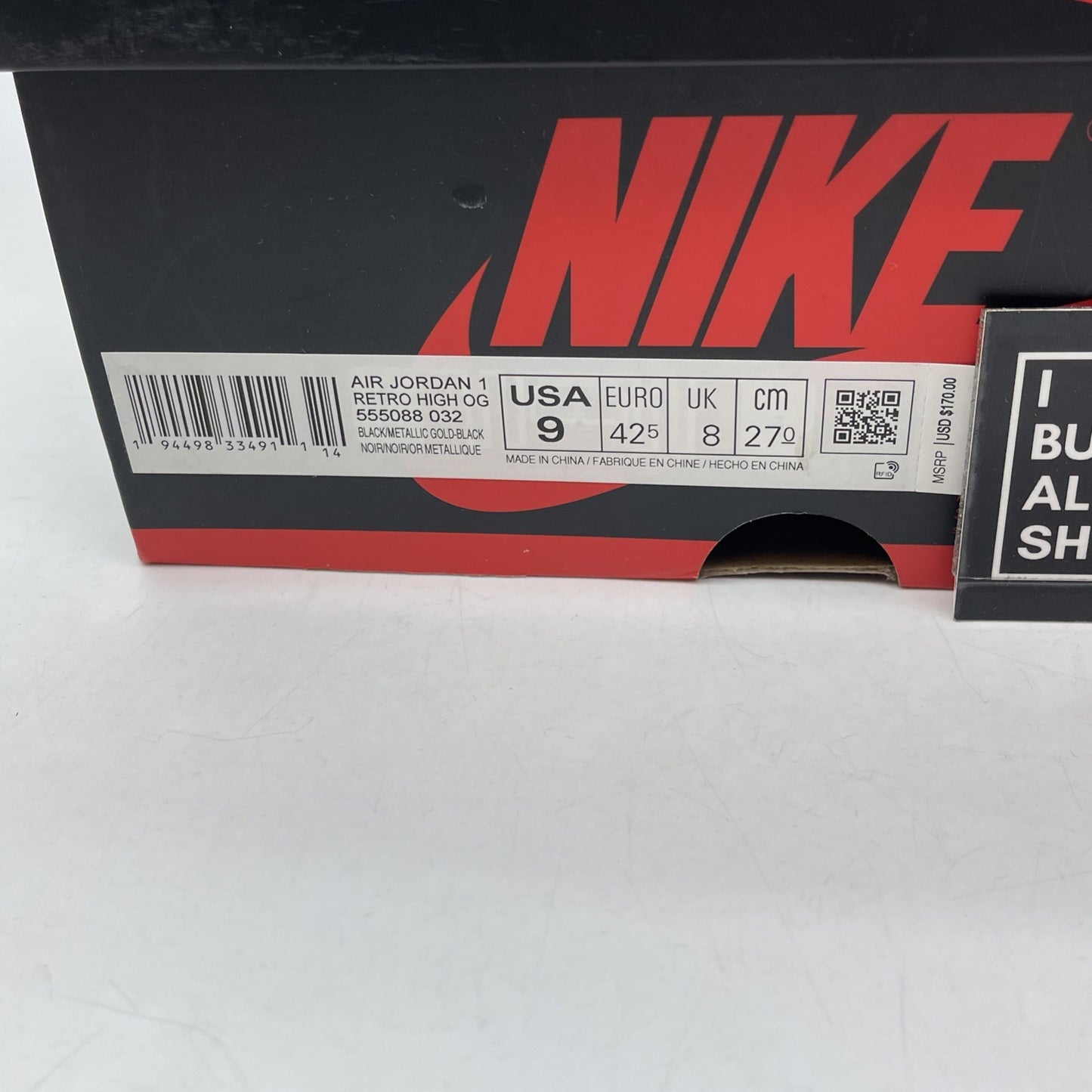Size 9 - Jordan 1 Black Metallic Gold Leather (555088-032)