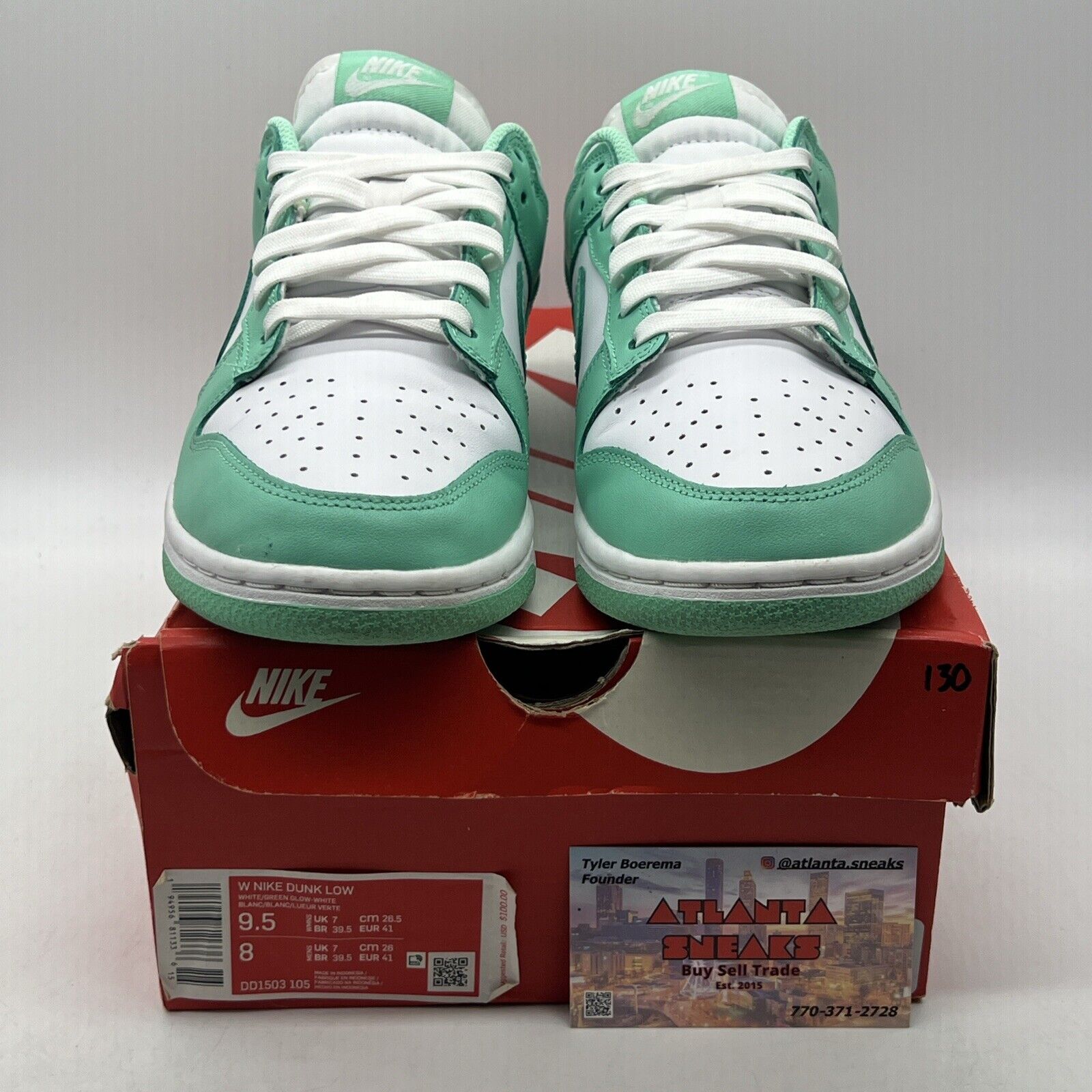 Size 9.5 - Nike Dunk Low Green Glow W White Leather Aqua