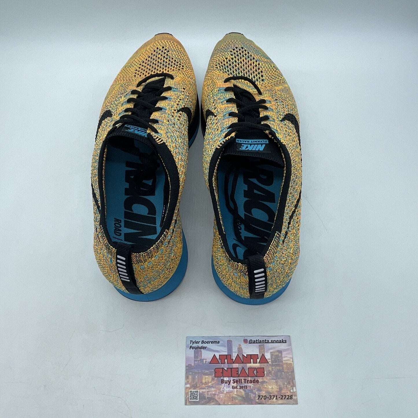 Size 11 - Nike Flyknit Racer Sherbet Yellow Blue Black (526628-800)