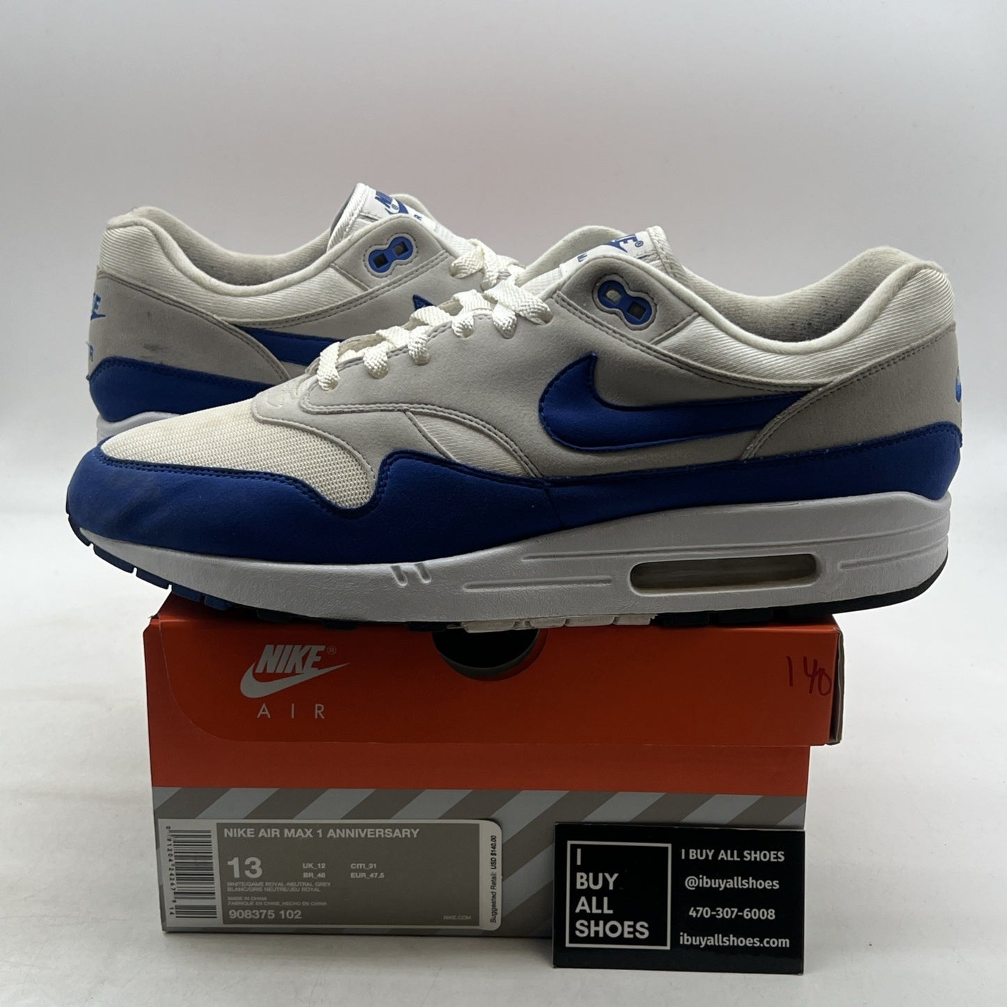 Size 13 - Nike Air Max 1 OG Anniversary 2017 Re-Release Royal (908375-102)