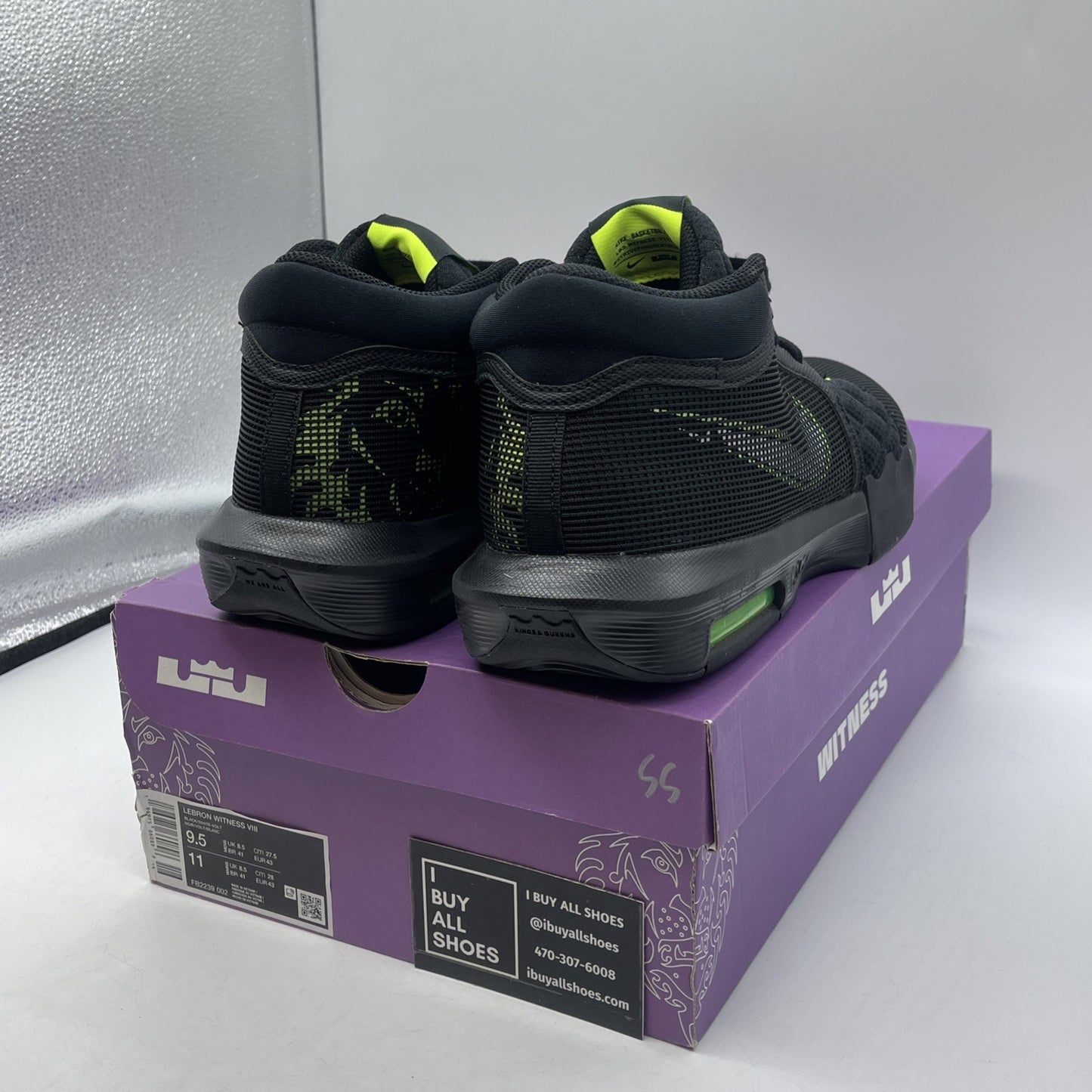 Size 9.5 - Nike LeBron Witness 8 Black Volt Suede Leather (FB2239-002)